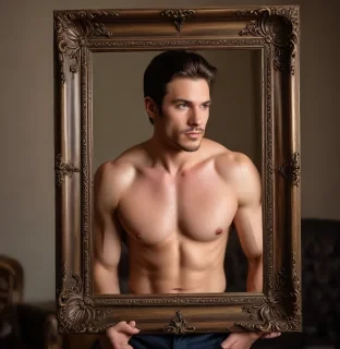 masculine man in a frame, good quality, high quality, a professional boudoir session style photo,