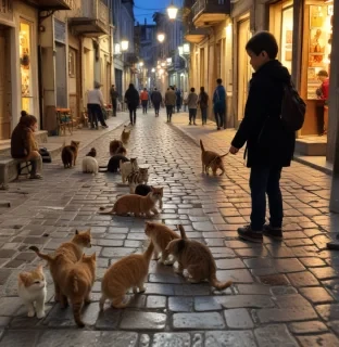 Children feeding cats in Eminön in Istanbul, people walking around in the evening