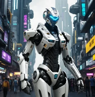 cyber mech in futuristic cit scape.She stands idle and looks from side-to-side.  The background is busy and bustling