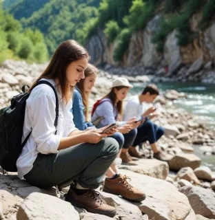 teenagers engaged in geology in the mountains by the river, where the beautiful nature, very beautiful, in the presence of a young woman leader. teenagers are very interested in what they do, it makes them better and happier. no gadgets, no phones, no internet