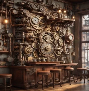 steampunk style style): steampunk (masterpiece: 1.8, digital art: 1.2). cafe interior (interior design) in the style ("steampunk"): tables and chairs, bar counter with a coffee machine, (name of the cafe on the wall: 1.5), ((fragrant, steaming coffee in cups: 1.2) on the tables attributes style: an atmosphere where technology has stepped far forward, intricate details of miracle technology, soft colors. high quality. . antique, mechanical, brass and copper tones, gears, intricate, detailed