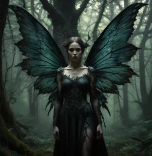 envision an evil fairy set against the backdrop of the deep, ominous black forest. this mystical creature, depicted in a mystical and dark style, contrasts sharply with the foreboding, dense woodland around her. the composition, focusing on the fairy amidst twisted trees under a shadowy canopy, is accentuated by dim, mysterious lighting, enhancing the eerie atmosphere. the color palette features deep greens and dark browns, punctuated by the fairy's faintly luminescent wings. the overall mood is sinister and captivating, drawing viewers into a storybook scene of dark fantasy.