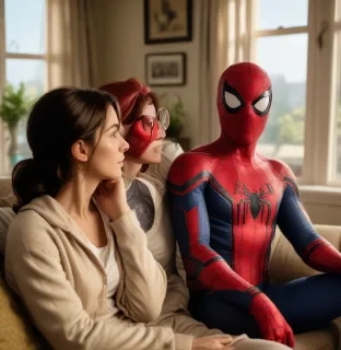 In a cozy, warmly lit living room, Spider-Man, still in his costume but with the mask off, sits on the couch next to Aunt May. She’s holding a cup of tea, looking at him with a mixture of concern and pride. The walls are adorned with family photos, and sunlight streams through the window, creating a comforting atmosphere. Spider-Man’s expression is contemplative as he listens to Aunt May’s wise advice, highlighting the strong bond between them amid the challenges he faces as a superhero.