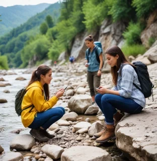 teenagers engaged in geology in the mountains by the river, where the beautiful nature, very beautiful, in the presence of a young woman leader. teenagers are very interested in what they do, it makes them better and happier. no gadgets, no phones, no internet