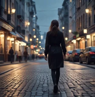 A woman walks in the streets, 4k, ultra pixel, 8k pixel