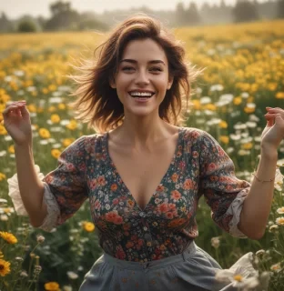a woman dancing in a field of flowers with the image framed closely around her happy face and very expressive eyes hyperrealistic, full body, detailed clothing, highly detailed, cinematic lighting, stunningly beautiful, intricate, sharp focus, f/1. 8, 85mm, (centered image composition), (professionally color graded), ((bright soft diffused light)), volumetric fog, trending on instagram, trending on tumblr, HDR 4K, 8K