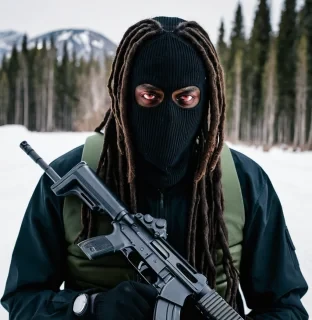 red eyes black guy wearing a ski mask with a gun and with dreads