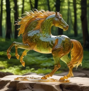 transparent horse carved of amber with a flowing mane running through a mystic green forest