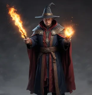 Musk is wearing a mage robe and a mage hat, holding a staff and casting fireballs.