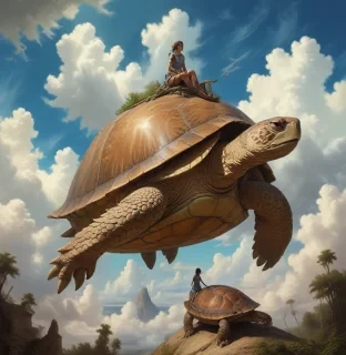 Surreal fantasy illustration, weird, strange, surreal style, by greg rutkowski, A couple on a huge turtle, giant eye clouds