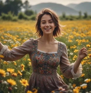 a woman dancing in a field of flowers with the image framed closely around her happy face and very expressive eyes hyperrealistic, full body, detailed clothing, highly detailed, cinematic lighting, stunningly beautiful, intricate, sharp focus, f/1. 8, 85mm, (centered image composition), (professionally color graded), ((bright soft diffused light)), volumetric fog, trending on instagram, trending on tumblr, HDR 4K, 8K