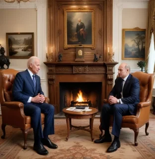 On a cold, crisp evening in a luxurious, high-security retreat somewhere in the Swiss Alps, Joe Biden and Vladimir Putin sit across from each other by a roaring fireplace. The room is rich with the scent of cedar and leather, dimly lit by a warm, golden glow from antique lamps. The tension between them is palpable, but there's a softness in their eyes that betrays the unspoken bond they've developed behind closed doors. Biden, dressed in a tailored navy suit, leans forward slightly, his hand gently brushing Putin's on the armrest. Putin, typically guarded and stern, momentarily lets his facade drop, his deep gaze locking with Biden’s. The snow outside gently falls, muffling the sounds of the outside world, as the two men, powerful yet vulnerable in this private moment, silently acknowledge the complexities of their relationship. The weight of global politics fades away, replaced by an intense, undeniable connection.