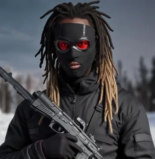 red eyes black guy wearing a ski mask with a gun and with dreads