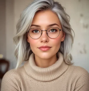 Portrait of a bespectacled, silver-haired individual with an average build and height. Their face is gentle, with soft wrinkles around the eyes and mouth, suggesting wisdom and warmth. The silver hair is neatly styled, falling just above the shoulders. Their skin has a light, slightly rosy complexion. Round, wire-rimmed glasses perch on a straight nose, framing kind eyes that crinkle at the corners. They wear a cozy, chunky-knit sweater in a warm oatmeal color, its collar folded neatly at the neck. The sweater appears soft and inviting, with subtle cable patterns adding texture. Their posture is relaxed yet upright, conveying a sense of quiet confidence. A gentle smile plays on their lips, exuding friendliness and approachability. Their hands, with slender fingers, are partially visible, resting comfortably in their lap. The background suggests a homey interior, with warm, muted tones and soft lighting, enhancing the overall cozy atmosphere.