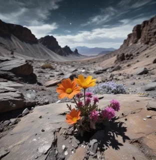 (masterpiece:1.2), (photo of a lone futursitic entity, their spacesuit reflecting the nebulae and distant galaxies, on the edge of a crater on a desolate moon, a lone flower, a vibrant splash of color against the grey landscape grows from a crack in the rock:1.1), (art by karel thole:1.4), (close up shot:1.1), (hyperdetailed:1.1), (intricate details:1.0), (refined details:1.1), (best quality:1.1), (high resolution:1.2)