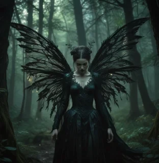 envision an evil fairy set against the backdrop of the deep, ominous black forest. this mystical creature, depicted in a mystical and dark style, contrasts sharply with the foreboding, dense woodland around her. the composition, focusing on the fairy amidst twisted trees under a shadowy canopy, is accentuated by dim, mysterious lighting, enhancing the eerie atmosphere. the color palette features deep greens and dark browns, punctuated by the fairy's faintly luminescent wings. the overall mood is sinister and captivating, drawing viewers into a storybook scene of dark fantasy.