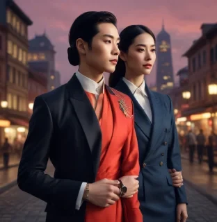 a photorealistic, highly detailed image of a chinese man and woman, both in their late 20s or early 30s, wearing stylish attire, standing side by side against a backdrop of a vibrant cityscape at sunset. the man is wearing a dark suit and a trifoglio italia watch on his wrist, while the woman is wearing a chic dress and a trifoglio italia watch on her wrist. the image should convey a sense of sophistication, elegance, and modern style, with a focus on the watches as key accessories. the lighting should be cinematic and warm, highlighting the details of the watches and the couple's attire. the mood should be celebratory and engaging, capturing the essence of the brand's values. the image should be appropriate for an instagram story, with a dynamic composition that captures the attention of the viewer hyperrealistic, full body, detailed clothing, highly detailed, cinematic lighting, stunningly beautiful, intricate, sharp focus, f/1. 8, 85mm, (centered image composition), (professionally color graded), ((bright soft diffused light)), volumetric fog, trending on instagram, trending on tumblr, HDR 4K, 8K