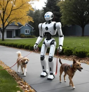 Animate this image. The robot walks the dog outside by holding its leash.