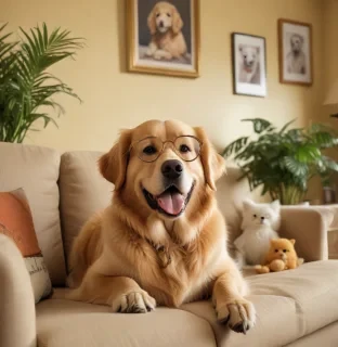 Create an image depicting a person sitting on a cozy couch, scrolling through their phone with a shocked expression. In the foreground, the phone screen displays a pet's social media profile with a follower count in the thousands, overshadowing the person’s profile with only a few dozen followers. The pet, a fluffy golden retriever, sits proudly beside them, wearing oversized sunglasses and a playful grin. The living room is warmly lit, with soft golden hues illuminating a few scattered pet toys and a vibrant plant in the corner. The walls are adorned with quirky pet-themed art. Use a whimsical, cartoonish style to enhance the humor of the scene, emphasizing exaggerated facial expressions and vibrant colors. Incorporate a slight blur effect on the background to draw focus to the characters and their contrasting follower counts.