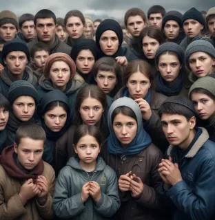 create a hyper realistic image capturing the theme of ukrainian refugees' future plans and the challenges of integration they face in european host countries. the scene should depict a diverse group of refugees, each expressing a range of emotions from longing for security to uncertainty about their future. show a mixture of individuals contemplating staying or returning, with subtle cues of their inner struggles and hopes. incorporate symbols of security and stability, such as shelter,