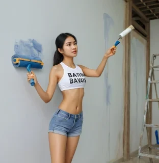 vietnamese hot girl bikini is painting by paint roller on clean wall at the construction site.  Have "BAVIAN" text in Shirt