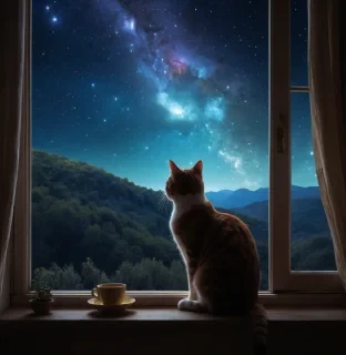 The night sky is visible outside the window, where the Orion constellation glows softly. The woman feels a deep connection to the stars, as if the cat is a messenger of ancient wisdom, bringing love and guidance to her life.