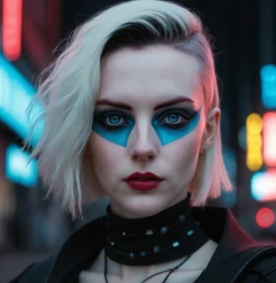 ultra realistic close up portrait ((beautiful pale cyberpunk female with heavy black eyeliner)), blue eyes, shaved side haircut, hyper detail, cinematic lighting, magic neon, dark red city, canon eos r3, nikon, f/1.4, iso 200, 1/160s, 8k, raw, unedited, symmetrical balance, in frame, 8k