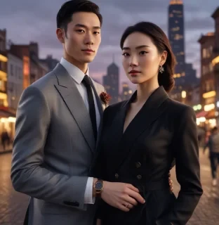a photorealistic, highly detailed image of a chinese man and woman, both in their late 20s or early 30s, wearing stylish attire, standing side by side against a backdrop of a vibrant cityscape at sunset. the man is wearing a dark suit and a trifoglio italia watch on his wrist, while the woman is wearing a chic dress and a trifoglio italia watch on her wrist. the image should convey a sense of sophistication, elegance, and modern style, with a focus on the watches as key accessories. the lighting should be cinematic and warm, highlighting the details of the watches and the couple's attire. the mood should be celebratory and engaging, capturing the essence of the brand's values. the image should be appropriate for an instagram story, with a dynamic composition that captures the attention of the viewer hyperrealistic, full body, detailed clothing, highly detailed, cinematic lighting, stunningly beautiful, intricate, sharp focus, f/1. 8, 85mm, (centered image composition), (professionally color graded), ((bright soft diffused light)), volumetric fog, trending on instagram, trending on tumblr, HDR 4K, 8K