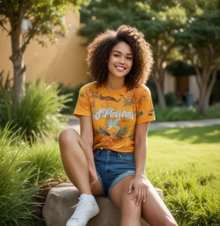 A stocky individual stands confidently, showcasing a round face with prominent cheekbones and a broad smile. Their curly hair is a rich chestnut brown, tousled and slightly wild, framing their face. Their skin tone is a warm olive, hinting at a lively personality. Dressed in a vibrant graphic tee, the shirt features bold, colorful patterns of abstract shapes in shades of teal, orange, and yellow. They wear relaxed-fit denim shorts that sit just above the knee, paired with stylish, worn-in sneakers. With arms crossed over their chest, they exude a laid-back demeanor, eyes sparkling with enthusiasm and a friendly grin. The backdrop is a lively urban park, with green grass and people enjoying the day, adding to the vibrant atmosphere. The sun casts a warm glow, enhancing the cheerful vibe of the scene.