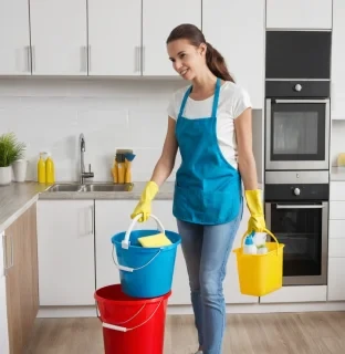 women cleaning the house, with bucket of cleaning supplies