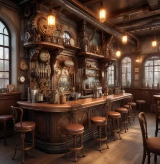 steampunk style style): steampunk (masterpiece: 1.8, digital art: 1.2). cafe interior (interior design) in the style ("steampunk"): tables and chairs, bar counter with a coffee machine, (name of the cafe on the wall: 1.5), ((fragrant, steaming coffee in cups: 1.2) on the tables attributes style: an atmosphere where technology has stepped far forward, intricate details of miracle technology, soft colors. high quality. . antique, mechanical, brass and copper tones, gears, intricate, detailed