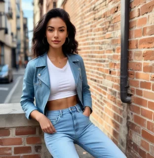 A stylish, average-height individual stands confidently in a bustling urban environment. They have straight, shoulder-length black hair that shines in the sunlight, framing a heart-shaped face with high cheekbones and almond-shaped dark brown eyes. Their skin tone is a warm olive, giving them a healthy glow. The person has a lean, athletic build, showcasing a balanced physique with well-defined shoulders and a slim waist.   They are dressed in a fitted white t-shirt tucked into high-waisted, light blue denim jeans, complemented by a cropped black leather jacket. On their feet are trendy white sneakers adorned with subtle black accents. The individual exudes a relaxed yet confident demeanor, with a slight smile and a raised eyebrow, suggesting curiosity and approachability. They are casually leaning against a brick wall, one foot propped up, while scrolling through their phone, surrounded by a vibrant cityscape filled with colorful street art and people bustling by.