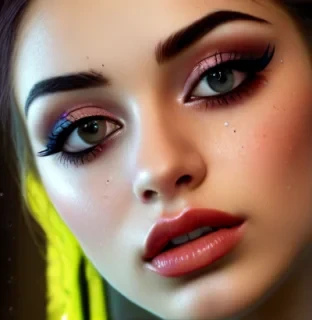 (she has a very pretty face), (her face is very with a pointy nose), she has emo makeup on her face, hazel eyes, (there is white gel on her sensual lips), (she has glossed lips), (she has glamourous skin with glitter), (she has a face with water droplets), (she has a lot of mascara on), (her height is 4'8"), (create the best image of her). (tastefully revealed privates), dazzling imagery, immersive scenery, a stunning masterpiece, high visual fide