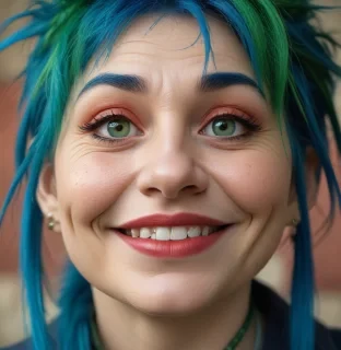 imagine a troll face with exaggerated features, set in a whimsical scene. the style is cartoonish, focusing on humor and exaggeration, with a composition that highlights the face in a close up view. the lighting is bright and cheerful, enhancing the playful tone. the color palette features vibrant hues: (255, 0, 0) for the striking red nose, (0, 255, 0) for the bright green eyes, and (0, 0, 255) for bold blue hair. the mood is jovial and lighthearted, making it inviting and amusing. this visual is intended to evoke laughter and a sense of fun.