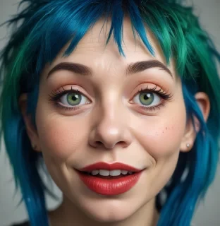 imagine a troll face with exaggerated features, set in a whimsical scene. the style is cartoonish, focusing on humor and exaggeration, with a composition that highlights the face in a close up view. the lighting is bright and cheerful, enhancing the playful tone. the color palette features vibrant hues: (255, 0, 0) for the striking red nose, (0, 255, 0) for the bright green eyes, and (0, 0, 255) for bold blue hair. the mood is jovial and lighthearted, making it inviting and amusing. this visual is intended to evoke laughter and a sense of fun.