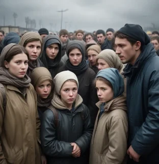 prompt: create a hyper realistic image capturing the theme of ukrainian refugees' future plans and the challenges of integration they face in european host countries. the scene should depict a diverse group of refugees, each expressing a range of emotions from longing for security to uncertainty about their future. show a mixture of individuals contemplating staying or returning, with subtle cues of their inner struggles and hopes. incorporate symbols of security and stability, such as shelter,