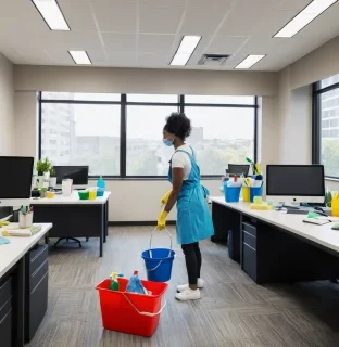 women cleaning an office, with a bucket of cleaning supplies