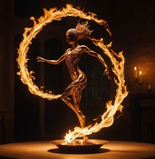 Fast movement. Create an animation where a fiery female figure, sculpted entirely of flames, stands gracefully on a plate in a warm, dimly lit setting, she should dance around fast. The flame should dance and flicker, giving the impression of a lively, ethereal performance. Her hair flows like tendrils of fire, moving gently, while her body flickers and pulses with energy, almost as if alive. The camera should remain still to capture the scene steadily, but the flame movements should be dynamic and organic, with occasional sparks and tendrils of flame reaching outwards. The lighting around should enhance the warm glow, casting subtle reflections on the table.