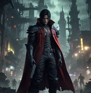 **Prompt:** Create a stunning RPG-inspired scene set in the gritty, dystopian world of Final Fantasy VII. Center the enigmatic character Vincent Valentine, clad in a flowing red cloak and a black, form-fitting outfit adorned with intricate leather straps. His piercing yellow eyes and long, dark hair cascade around him, hinting at his mysterious past. Surround him with the haunting ruins of Midgar, featuring towering steel structures and flickering neon lights, shrouded in a thick, ominous mist. Incorporate Vincent's signature weapon, the Cerberus gun, elegantly posed in his hand, reflecting a glint of light. The atmosphere should evoke a sense of melancholy and danger, with a dark, moody color palette emphasizing deep reds, blacks, and silvers. Capture the essence of a world on the brink of chaos, filled with echoes of forgotten memories and the weight of destiny.