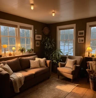 The setting is a cozy, warm-lit room, looking pleased