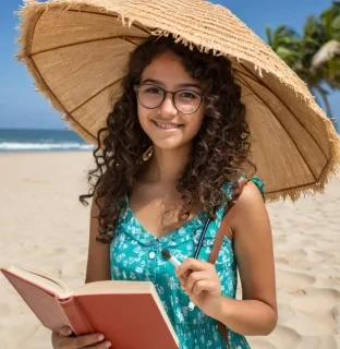 Sofia is an 18-year-old Latin American with soft, curly dark brown hair, intelligent eyes framed by glasses, and a warm smile. On her rare days off, Sofia enjoys the beach dressed in a bright summer dress and a straw hat. She relaxes under an umbrella with a book in hand, her stethoscope safely tucked away in her bag.