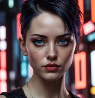 ultra realistic close up portrait ((beautiful pale cyberpunk female with heavy black eyeliner)), blue eyes, shaved side haircut, hyper detail, cinematic lighting, magic neon, dark red city, canon eos r3, nikon, f/1.4, iso 200, 1/160s, 8k, raw, unedited, symmetrical balance, in frame, 8k
