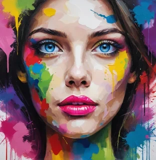 create a painting featuring a face with abstract and expressionist influences. use a palette of bright, vivid colors including pink, purple, green, and yellow, incorporating dynamic splatter effects and overlapping brush strokes. the subject should possess striking features like bright blue eyes and full red lips, presenting an ethereal and slightly surreal appearance. the background should seamlessly blend warm and cool tones, contributing to a lively and textured backdrop.
