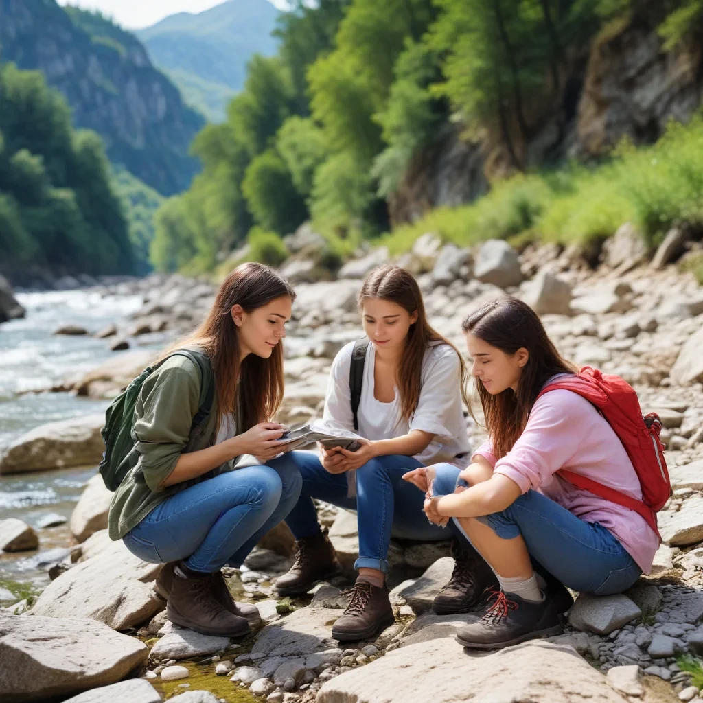teenagers engaged in geology in the mountains by the river, where the beautiful nature, very beautiful, in the presence of a young woman leader. teenagers are very interested in what they do, it makes them better and happier. no gadgets, no phones, no internet