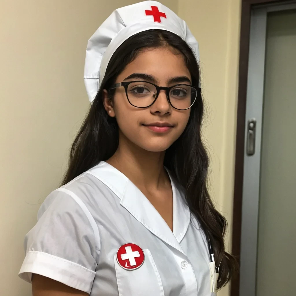 Sofia, 18 years old and wearing glasses. she's Latin American and she's going to the hospital. she's dressed as a nurse