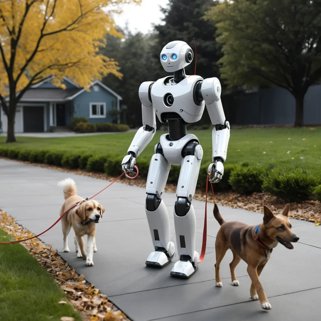Animate this image. The robot walks the dog outside by holding its leash.