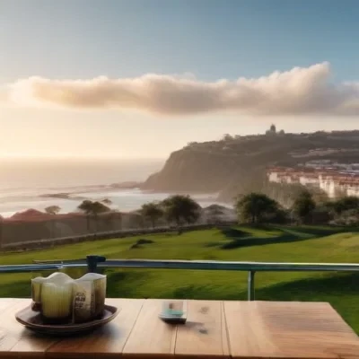 a golfer admiring a scenic view on a picturesque course overlooking the atlantic ocean, while in the background, viana do castelo’s historic streets come alive with the hustle of daily local life, and a table is set with traditional portuguese dishes. hyperrealistic, full body, detailed clothing, highly detailed, cinematic lighting, stunningly beautiful, intricate, sharp focus, f/1. 8, 85mm, (centered image composition), (professionally color graded), ((bright soft diffused light)), volumetric fog, trending on instagram, trending on tumblr, HDR 4K, 8K