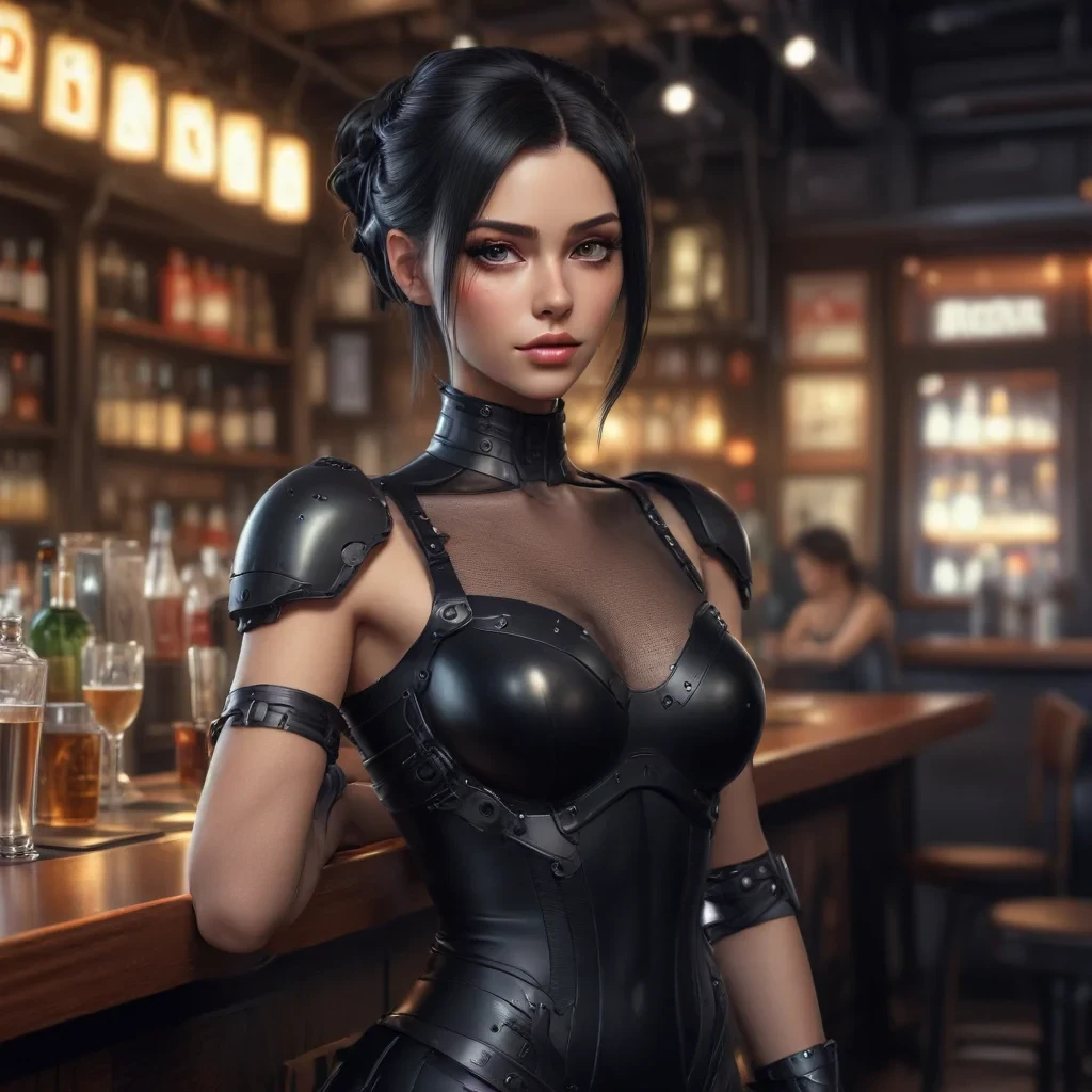 digital art, anime, slutty cybernetic android woman in a bar in a black dress, pixar style hyperrealistic, full body, detailed clothing, highly detailed, cinematic lighting, stunningly beautiful, intricate, sharp focus, f/1. 8, 85mm, (centered image composition), (professionally color graded), ((bright soft diffused light)), volumetric fog, trending on instagram, trending on tumblr, HDR 4K, 8K