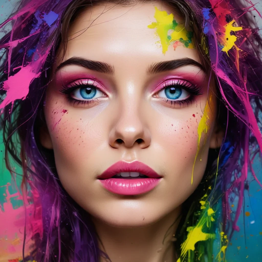 create a painting featuring a face with abstract and expressionist influences. use a palette of bright, vivid colors including pink, purple, green, and yellow, incorporating dynamic splatter effects and overlapping brush strokes. the subject should possess striking features like bright blue eyes and full red lips, presenting an ethereal and slightly surreal appearance. the background should seamlessly blend warm and cool tones, contributing to a lively and textured backdrop.