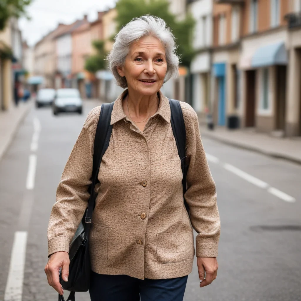 A woman 65 years old walks in the street